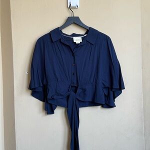 Maeve Blue Flutter Sleeve Crop Blouse